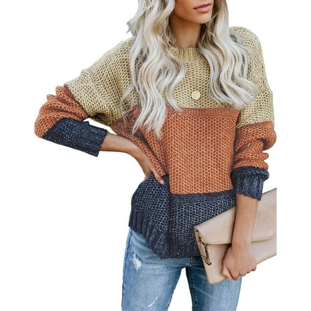 Merokeety Fashion Colorblock Crewneck Sweater in Cream, Coral & Navy